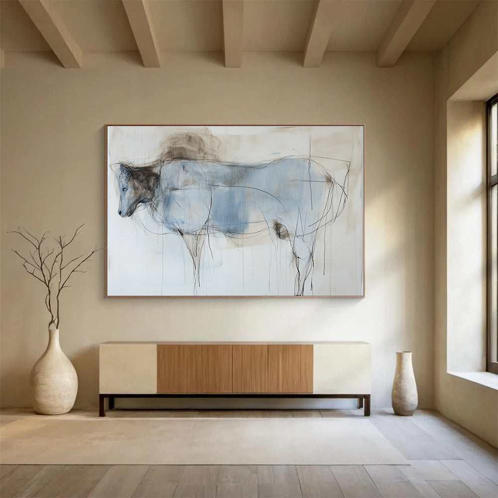 Large abstract painting of an animal's body featuring thin lines and washes in subtle pastel colors of light blue and dark brown on a white background.SC153