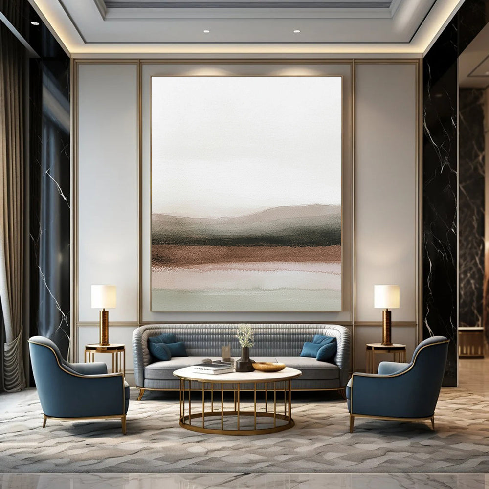 Abstract painting in pastel colors depicting a serene horizon with light gray skies and calm water, and brown desert landscapes blend.STSC1230