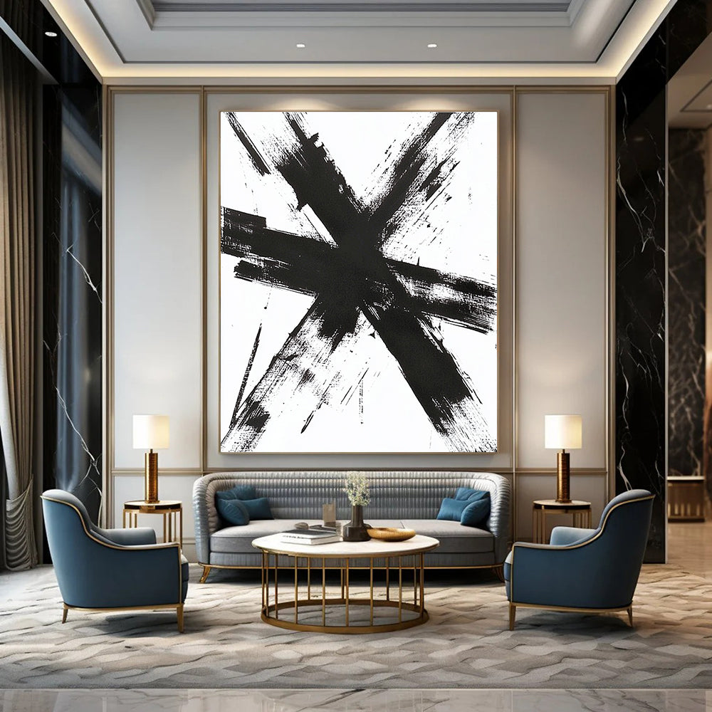 Large abstract artwork featuring thick messy black brush strokes forming a cross shape with detailed textures evoking emotions and energy.STSC1243