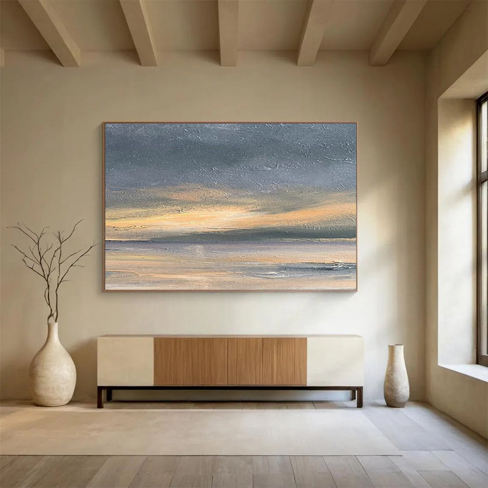 Textured Grey Orange Sea Sunset Abstract Painting THY016