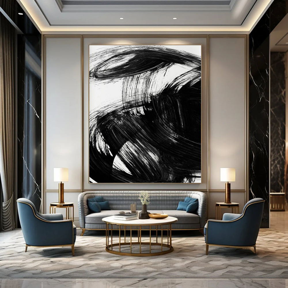 Black Ink Abstract with Expressive Brushstrokes Painting ADGE195