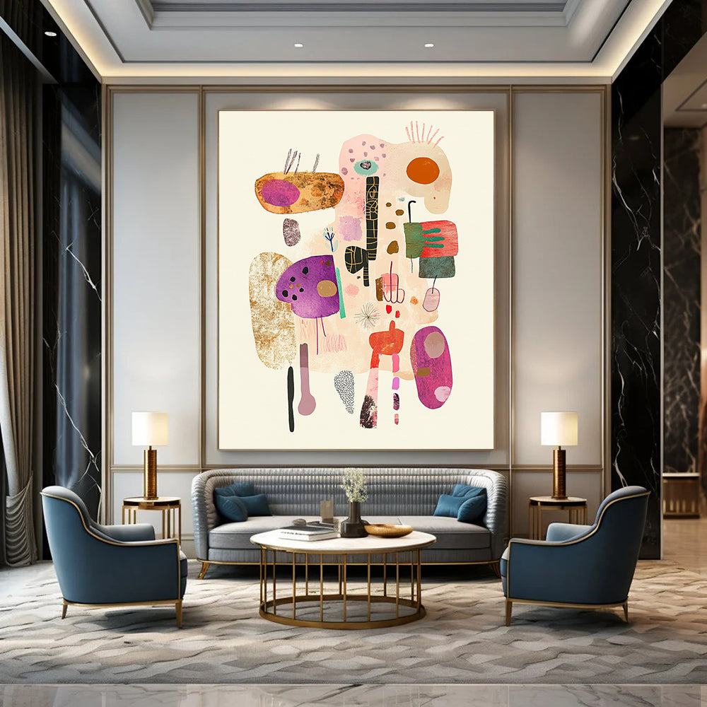 Large abstract illustration featuring soft pastel colors and simple line drawings with whimsical hand-drawn elements on a textured white background.STSC1322