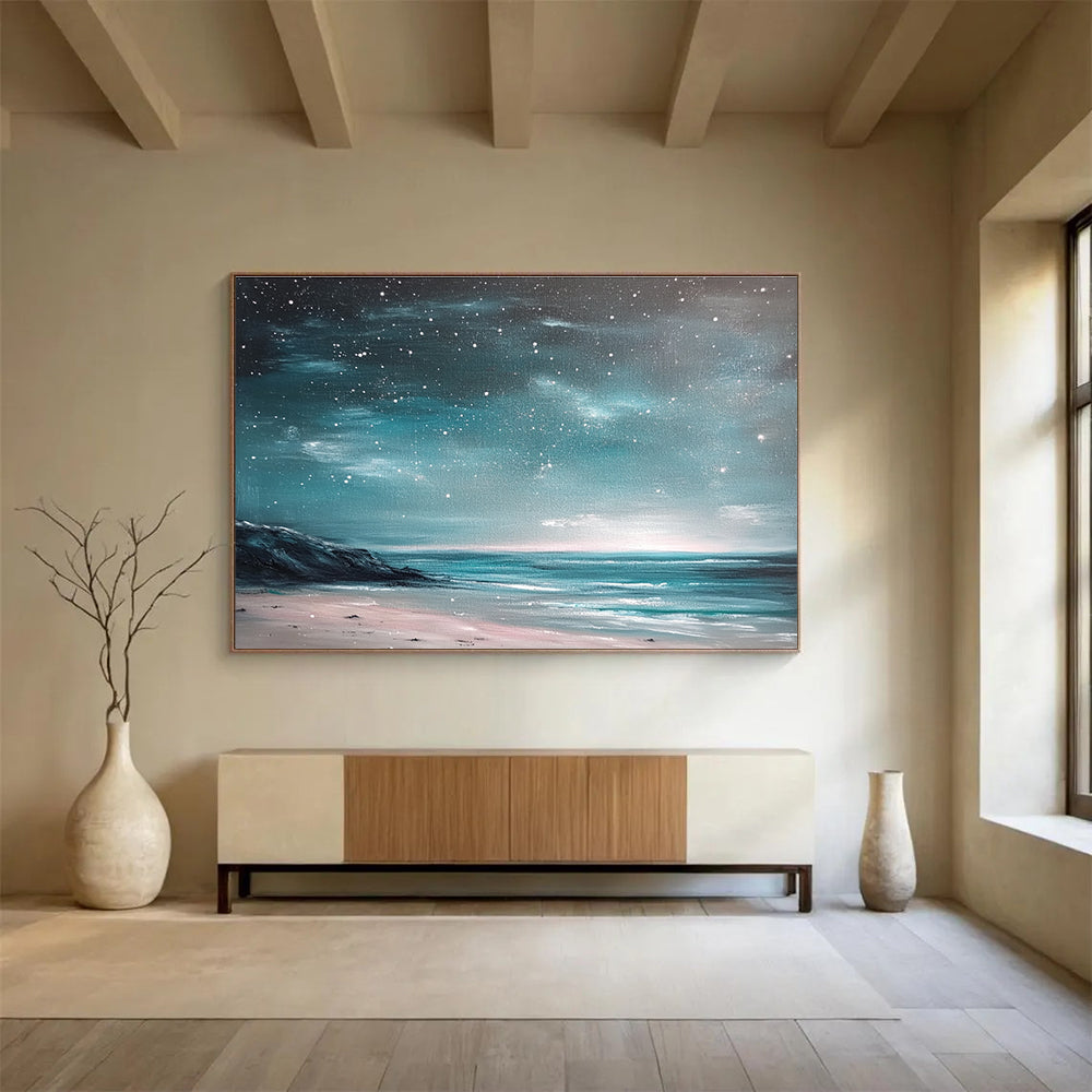 Coastal Starry Night Abstract Painting with Teal and Pink Tones DYP556
