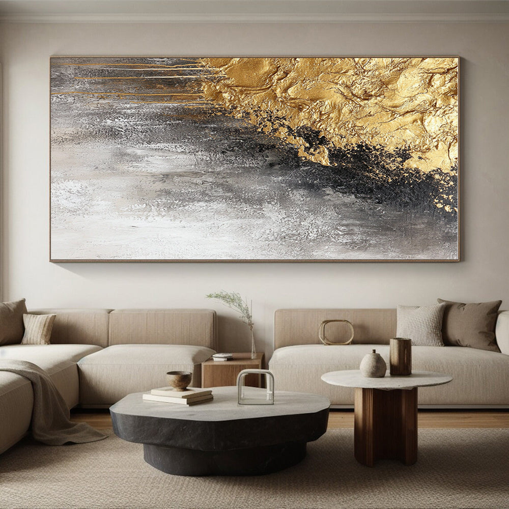 Gray Gold and Black Abstract Painting with Dripping Textures GER645