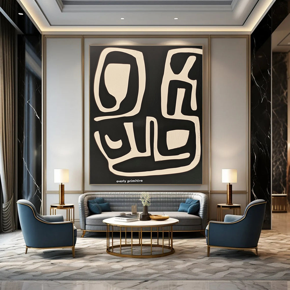 Large abstract painting featuring thick brush strokes and bold white text on a vibrant background ideal for modern decor.STSC1211