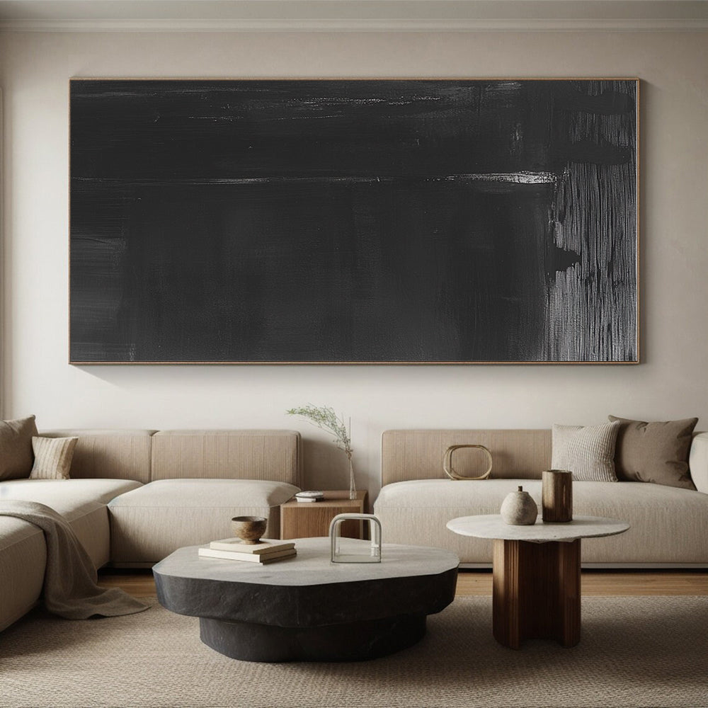 Black Abstract Painting with Subtle White Accent Lines GER008