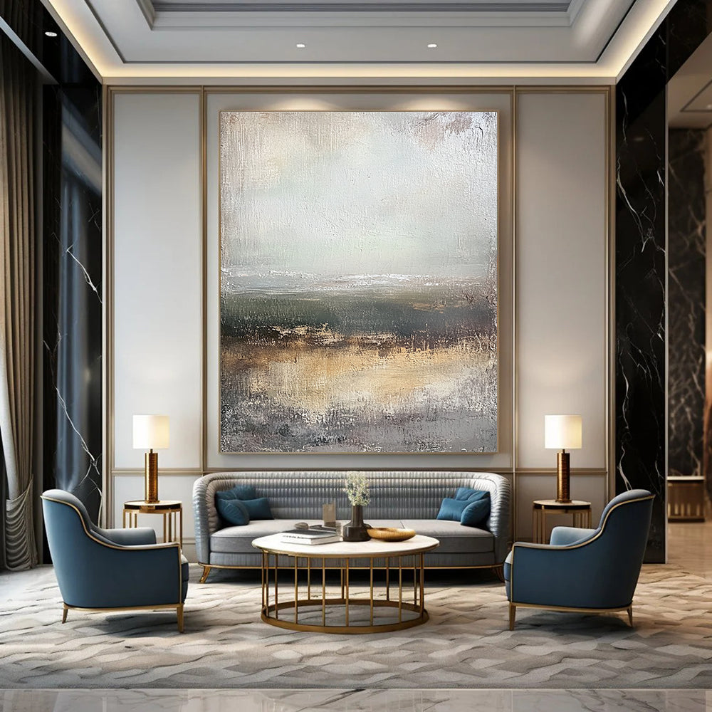 Large abstract painting depicting a coastal landscape with muted tones and vintage texture in a neutral color palette.STSC305