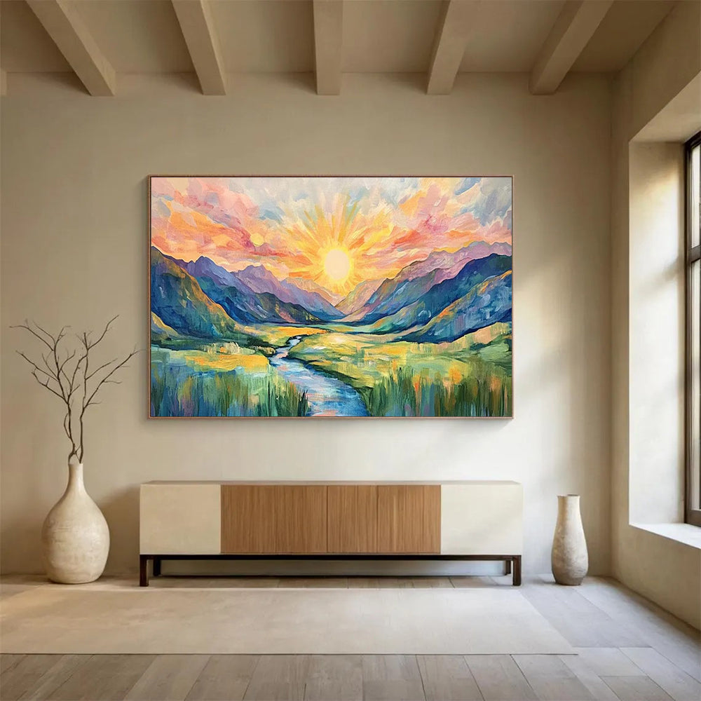 Sunburst Mountain Abstract Painting with Radiant, Expressive Colors THY416