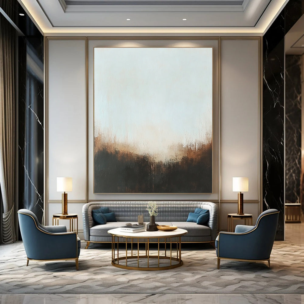 Large abstract painting with muted colors and soft edges featuring a foggy atmosphere and hints of gold accents in a low-key lighting.STSC099