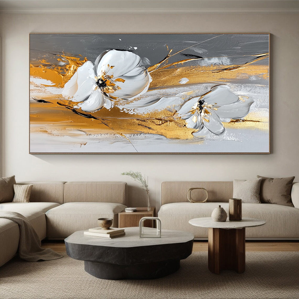 White Flower Gold Abstract Painting with 3D Textures GER603
