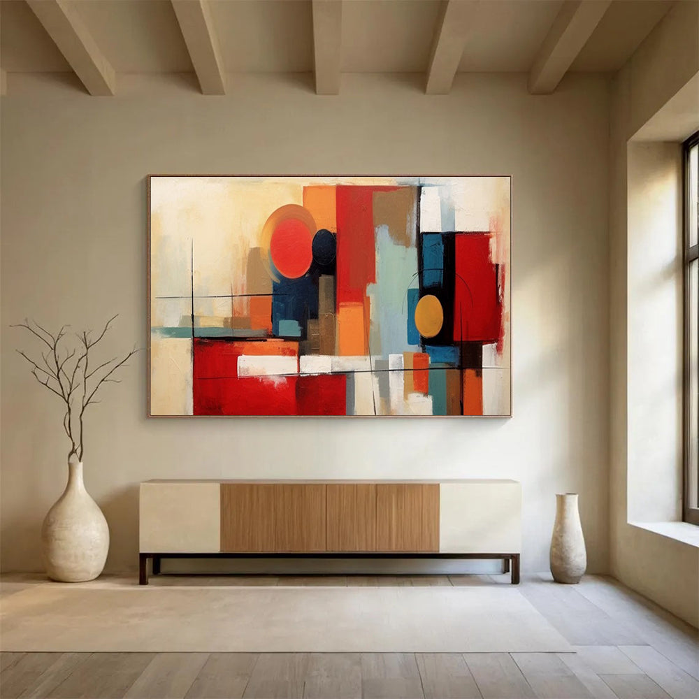 Geometric Abstract Painting with Red, Orange, and Blue Tones THY219