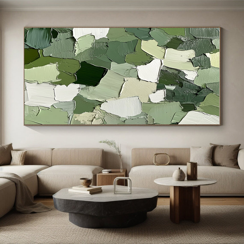 Green and White Patchwork Abstract Painting with Thick Brushstrokes GER043