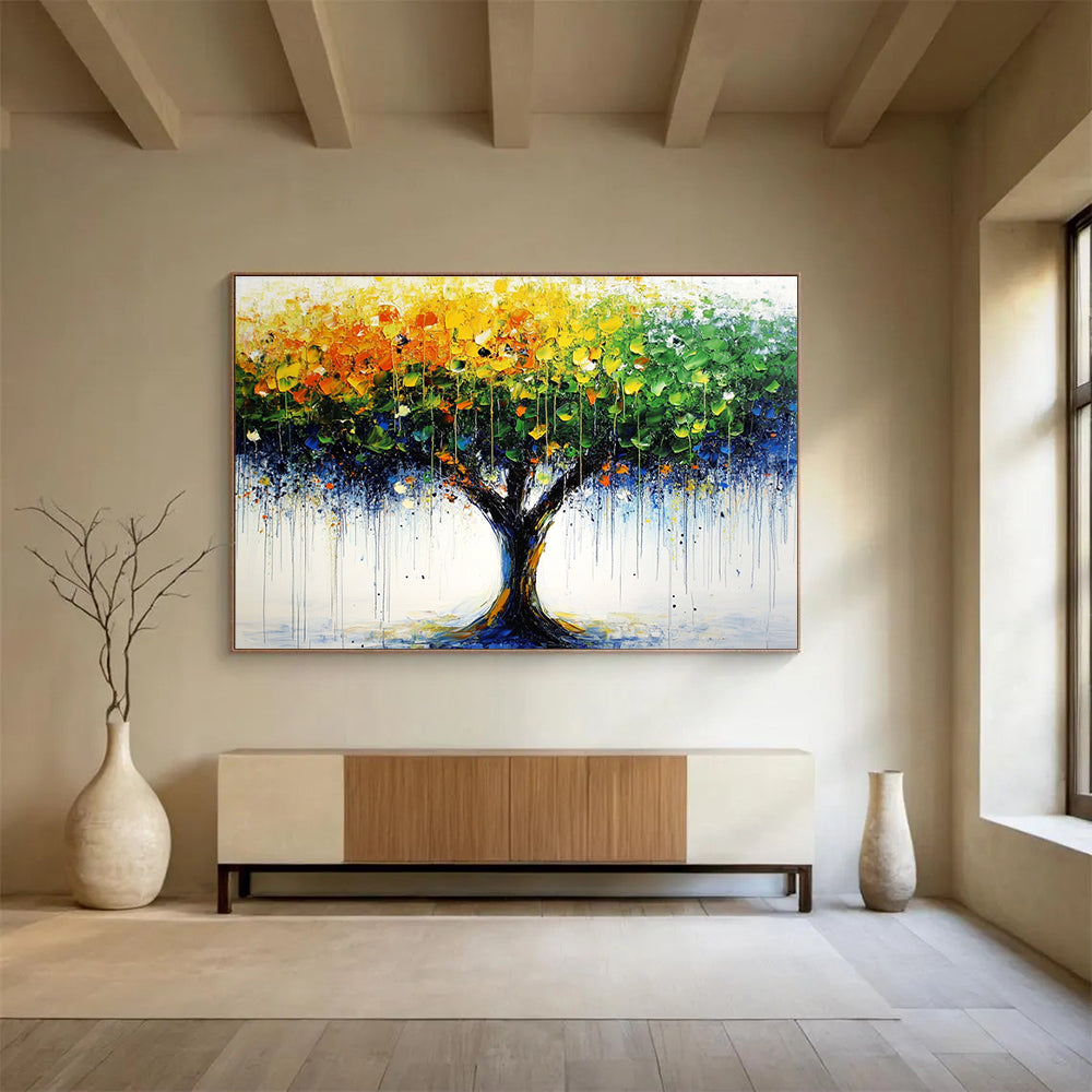 Large abstract tree painting featuring bold green yellow and blue brush strokes with distant trees and raindrop-dotted leaves on a vibrant summer day.SC285