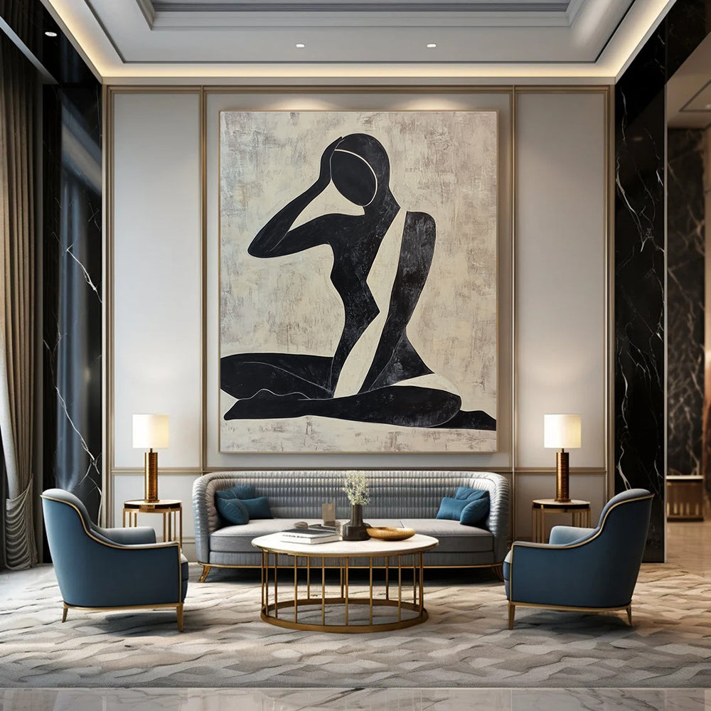 Large abstract painting of a woman doing yoga featuring simple shapes and lines in black and white against a dark clean background.STSC012