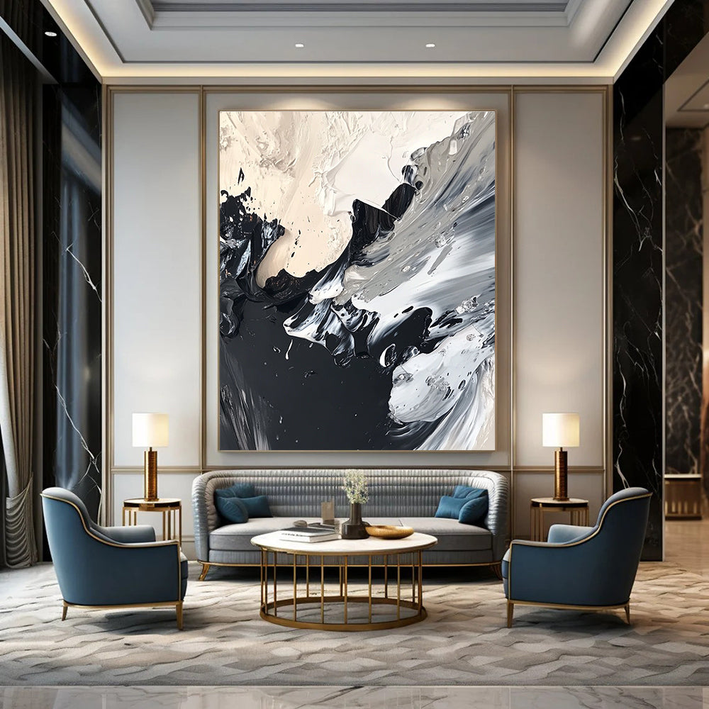 Abstract painting featuring black and white acrylics with organic textures and swirling patterns created using the wet-on-wet technique.STSC1277