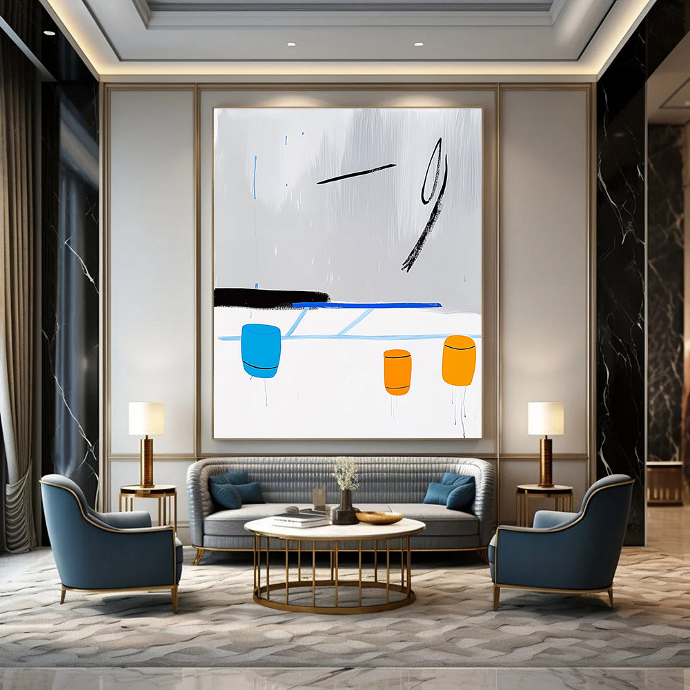 A Large Abstract Artwork Featuring a Minimalist Line Drawing of an Ice Rink with Blue Lines Yellow Barrels and Rainy Grey Sky.STSC1347