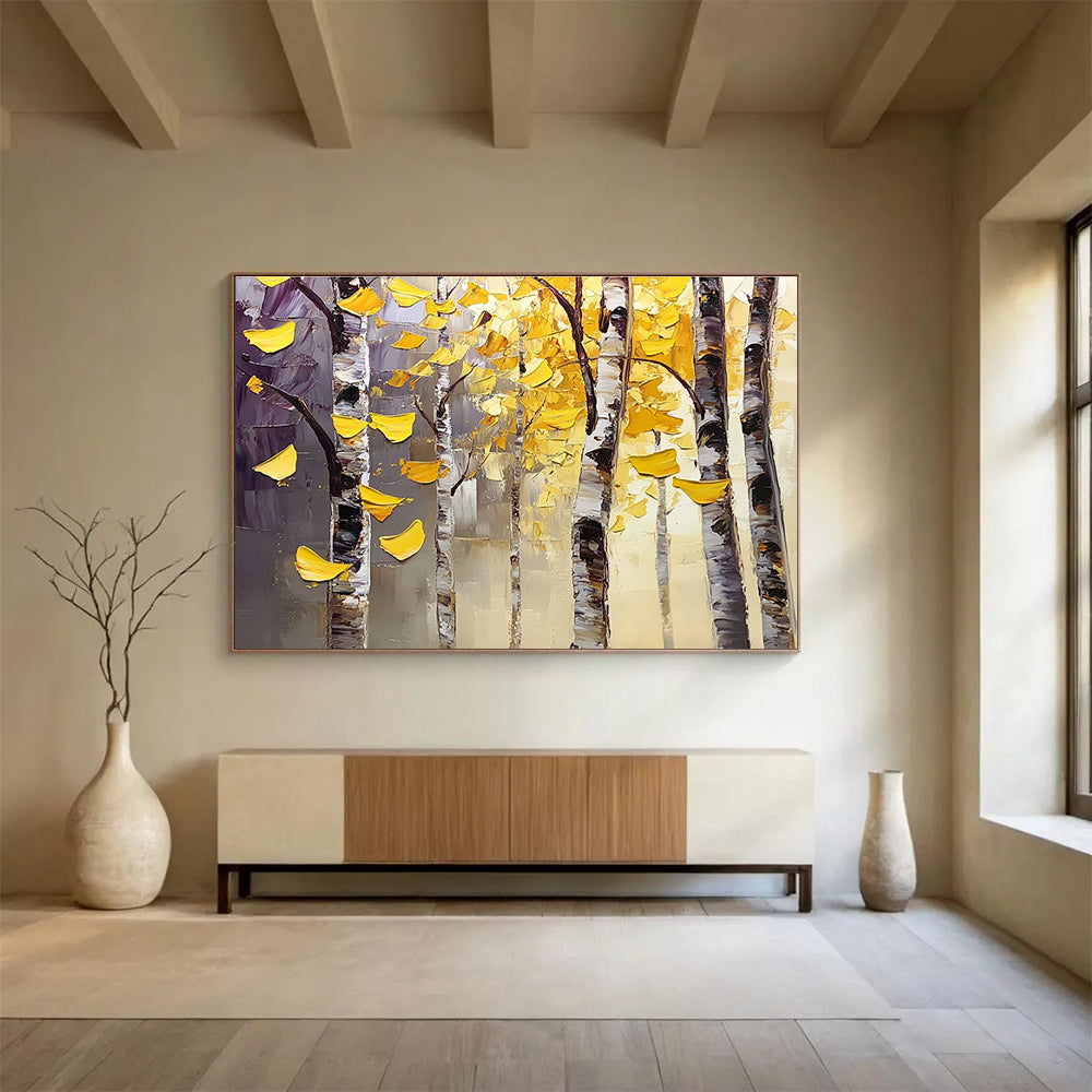 Autumn Birch Trees Abstract Painting with Yellow and Purple Tones DYP565