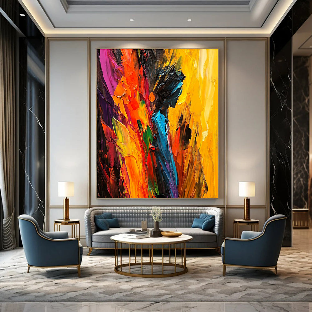 Large abstract painting with bold strokes vibrant colors and a dynamic central figure offering depth energy and passion.STSC938
