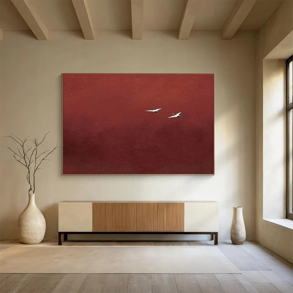 Red Crane Abstract Painting with Minimalist, Serene Beauty THY389