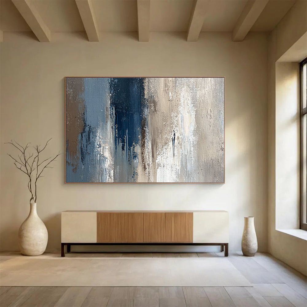 Blue and Beige Abstract Painting with Textured Layers DYP274