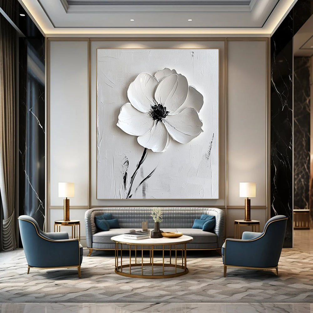 Large abstract white flower painting on canvas with textured brush strokes and elegant minimalist style in white and grey tones.STSC515