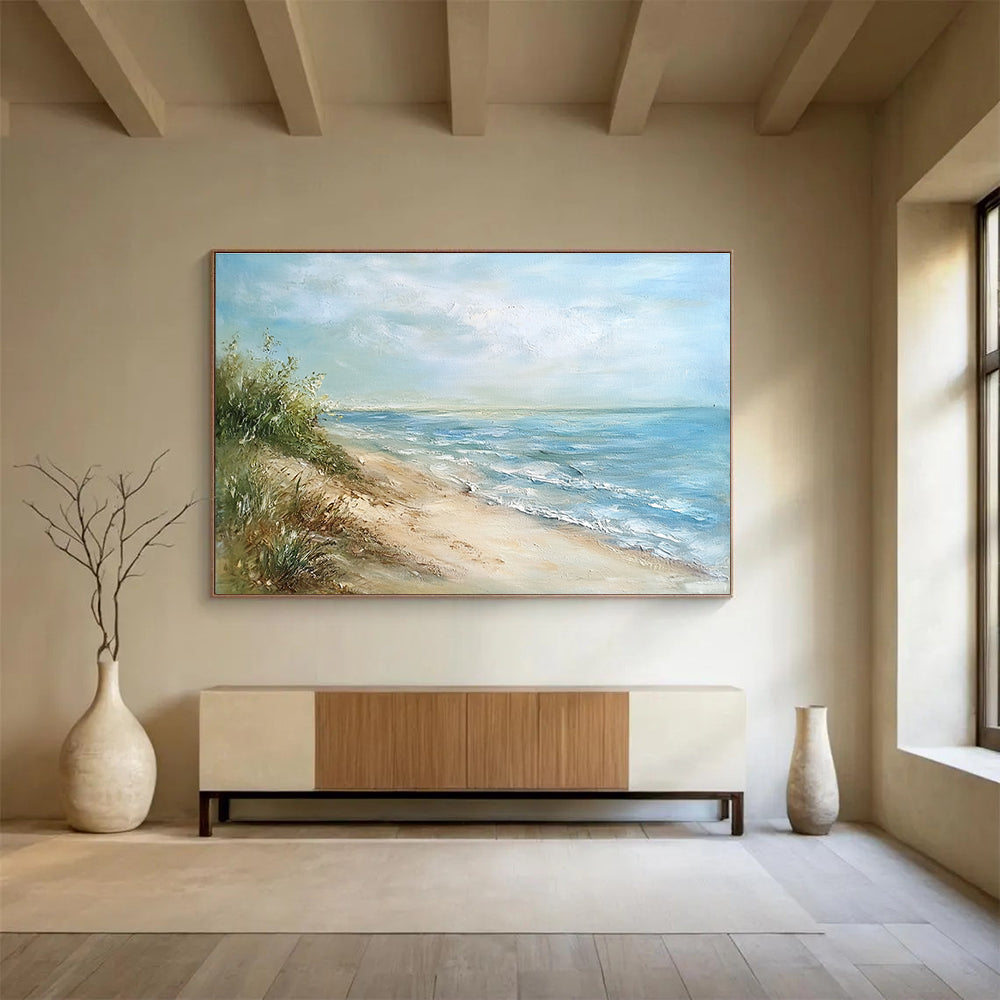 Serene Beach View Abstract Painting with Blue and Green Tones DYP569