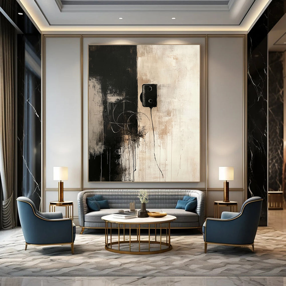 Abstract painting featuring a dark gray and beige color scheme with an old telephone and connecting wires evoking solitude and contemplation.STSC727