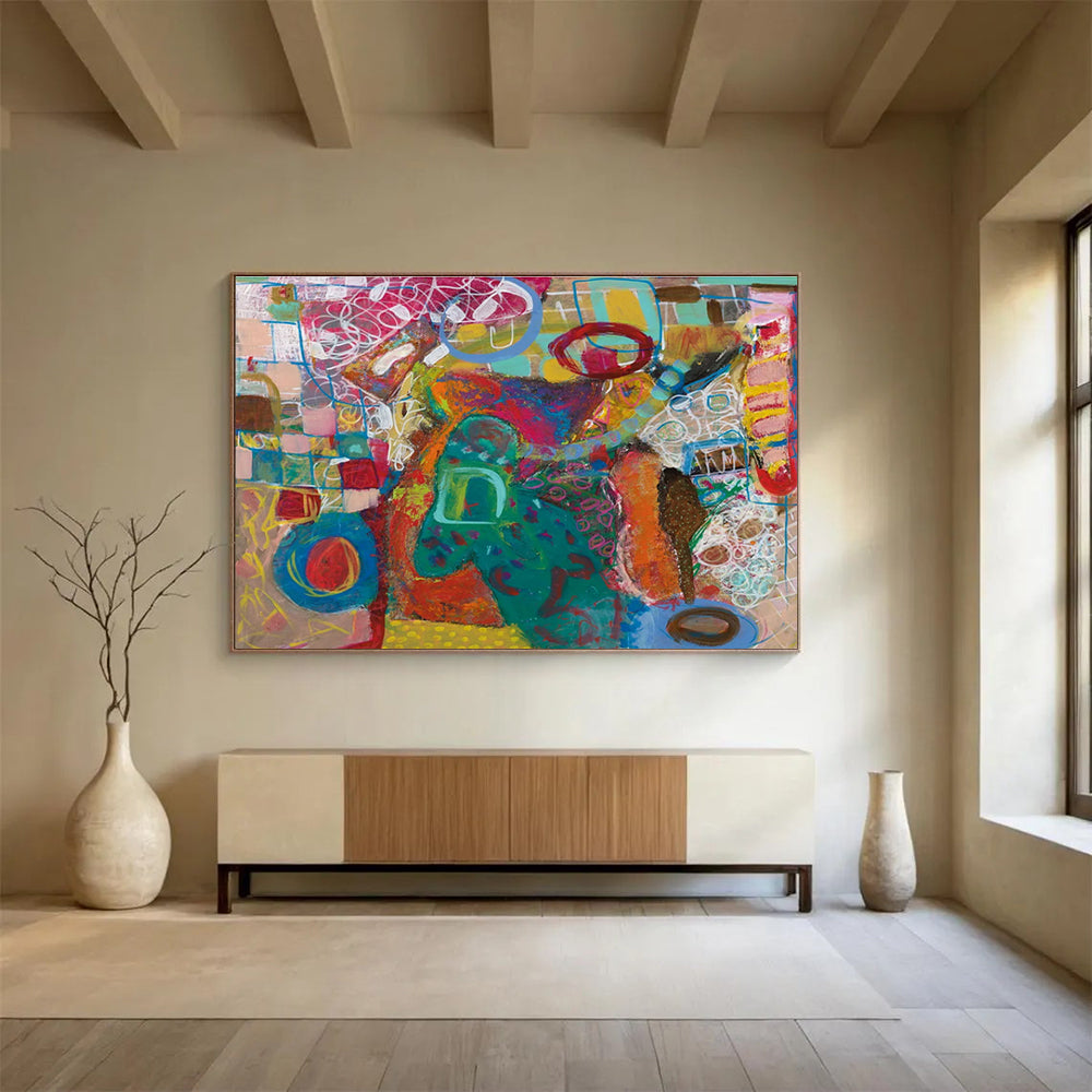 Playful Colorful Abstract Painting with Whimsical Shapes and Lines THY244