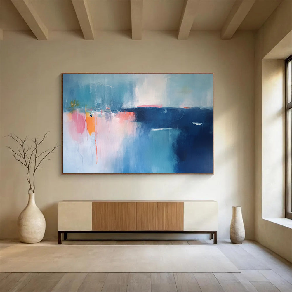 Large abstract painting featuring serene blue and pink tones with blurred edges and distant boats, evoking a minimalist coastal atmosphere.SC063