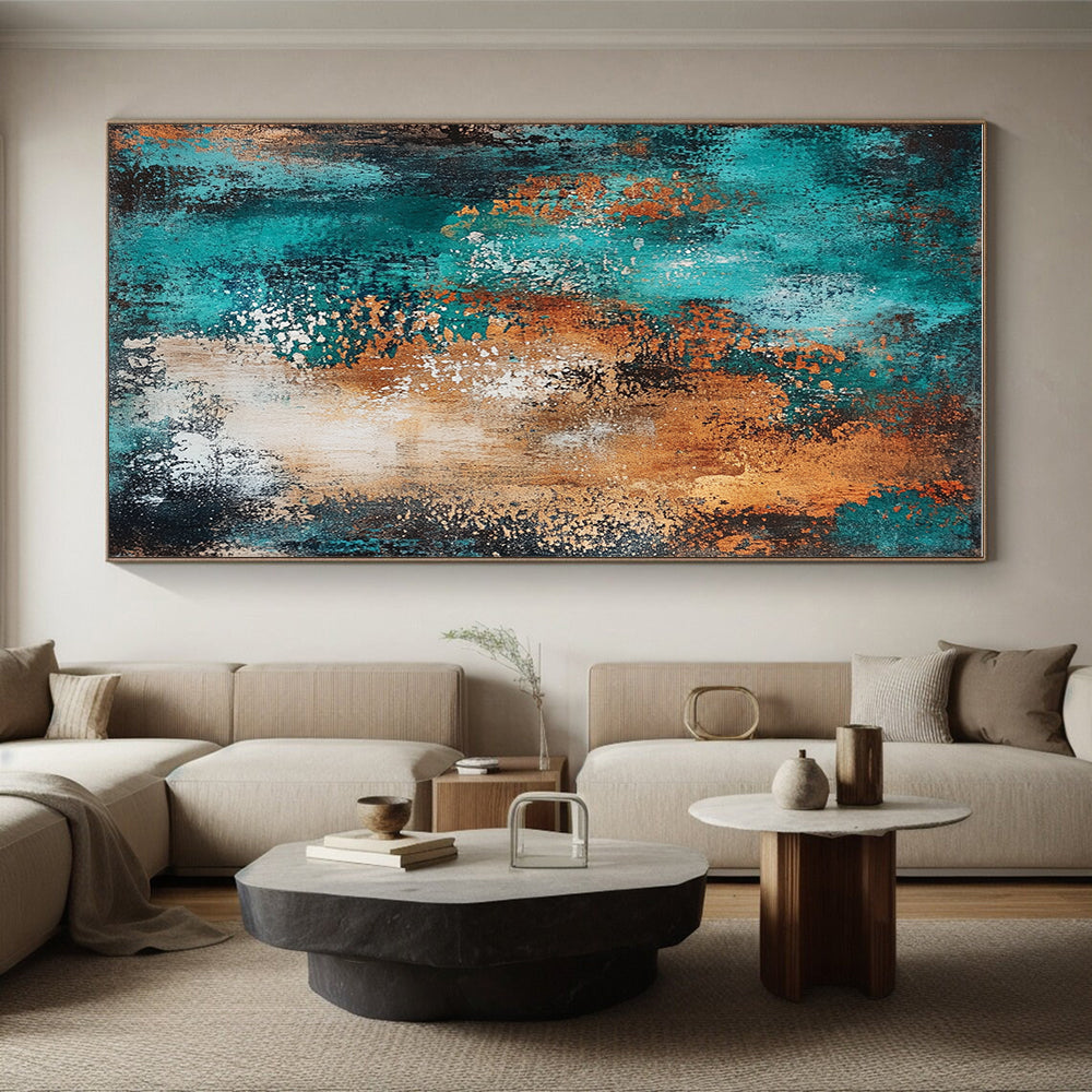 Teal and Orange Textured Abstract Painting with Dynamic Brushstrokes GER208