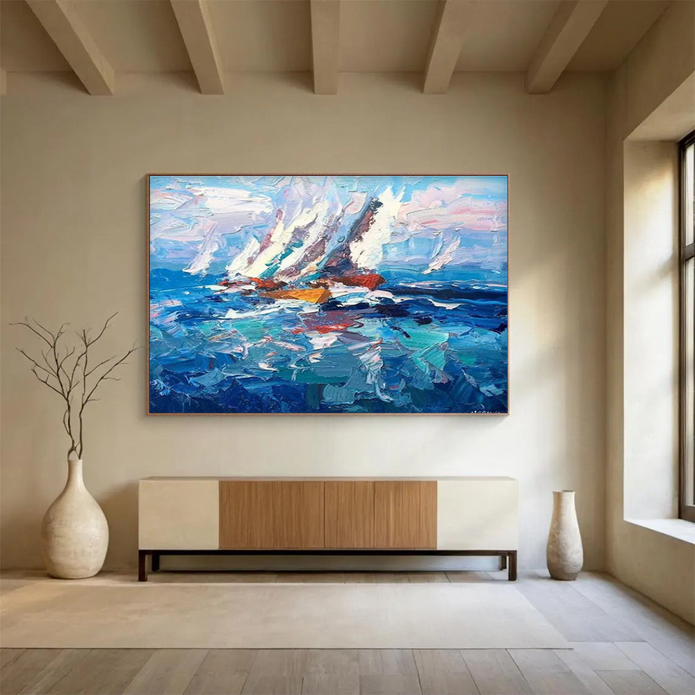 Blue White Sailing Boats Abstract Painting THY472