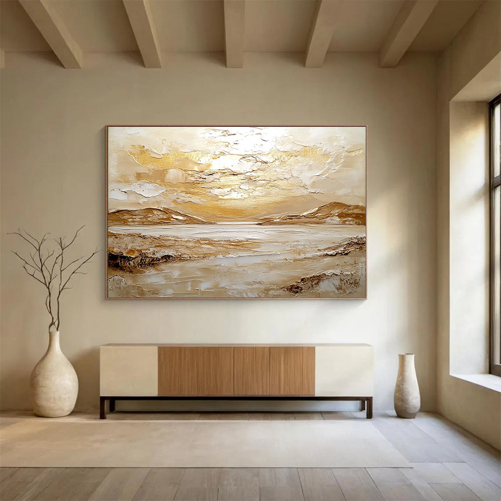 Large abstract painting inspired by Scottish Highlands featuring textured oil, golden light, endless sea, and distant mountains in soft white and beige hues.SC482