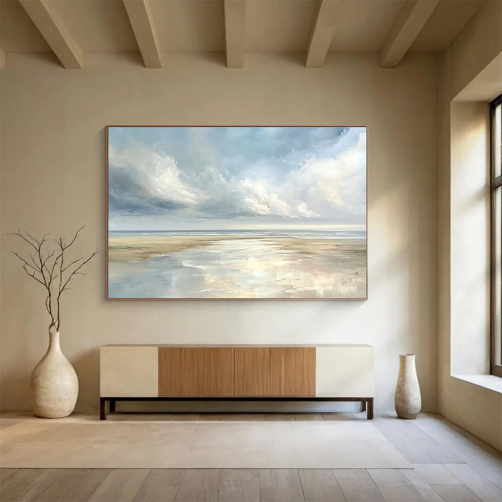 A large abstract painting depicting a serene coastal landscape with pastel skies and reflective puddles on sandy beaches, evoking tranquility.SC544