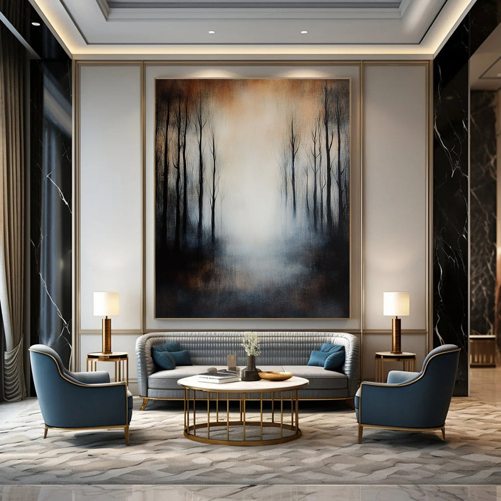 Large abstract painting of an eerie forest featuring black trees muted colors foggy atmosphere and impressionistic brushstrokes on textured canvas.STSC259