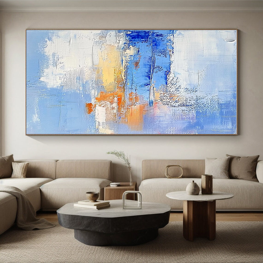Light Blue and Orange Abstract Painting with Textured Layers GER617
