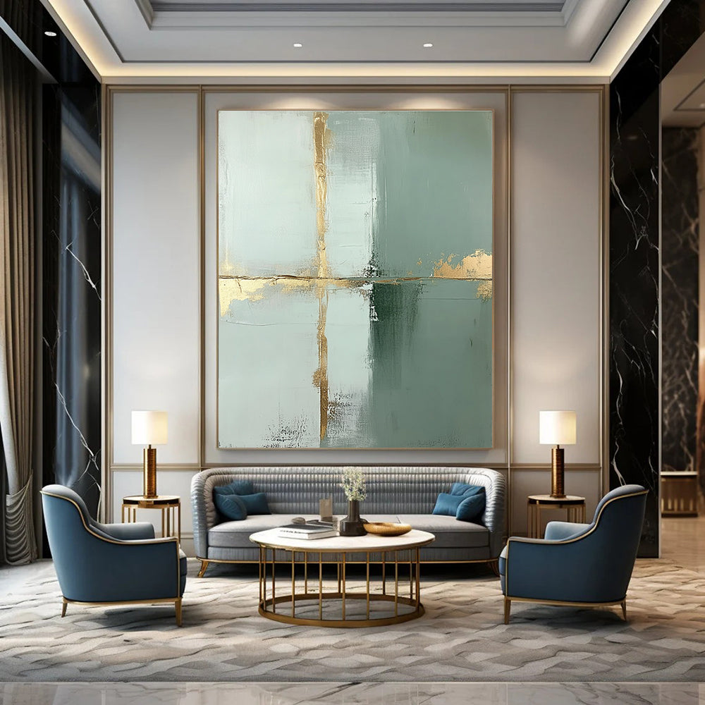 Large abstract painting featuring pale green and white blocks accented with thin gold lines and gold foil accents in a minimalist style.STSC428