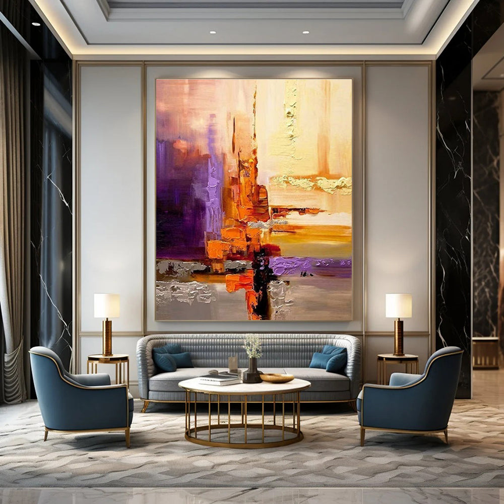 Purple and Orange Abstract Painting with Geometric Shapes ADGE278