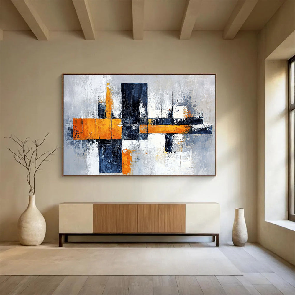 Gray Orange and Black Geometric Abstract Painting with Dynamic Composition DYP259