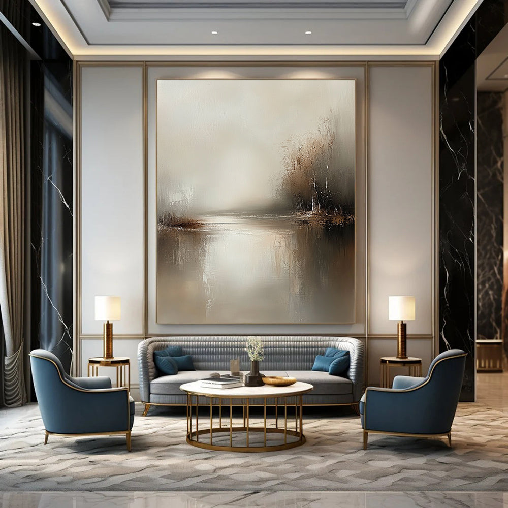 Large abstract painting in muted tones of beige and grey featuring tranquil waters and soft brush strokes for a serene atmosphere.STSC077