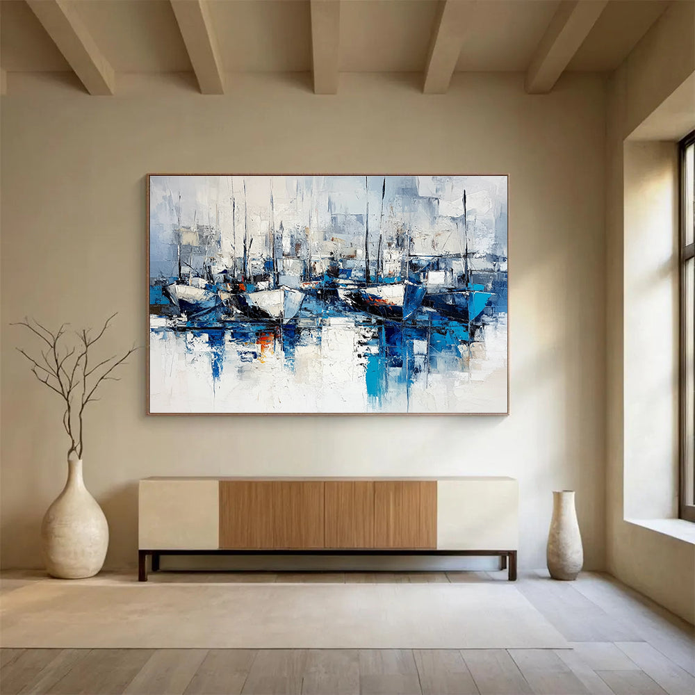Large abstract painting featuring blue and white hues on a white background capturing chaotic ships and docks in a cool mysterious atmosphere.SC030