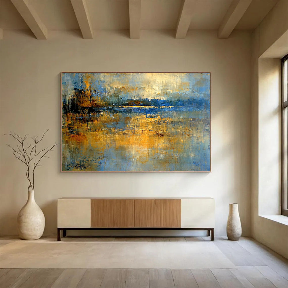 Abstract Lake Landscape Painting with Blue and Gold Tones DYP519