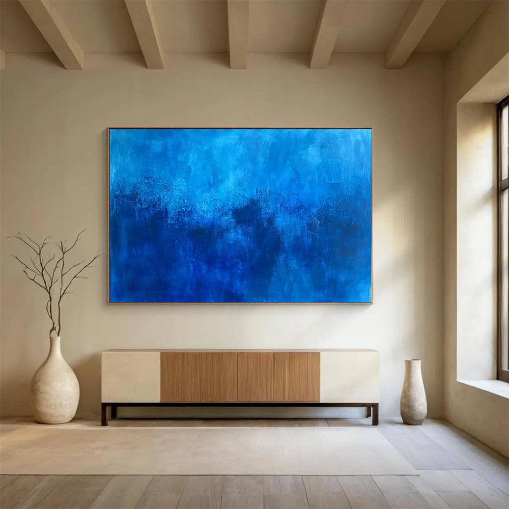 Abstract blue painting featuring deep blue hues and minimalist underwater elements inspired by Le Pho.SC036