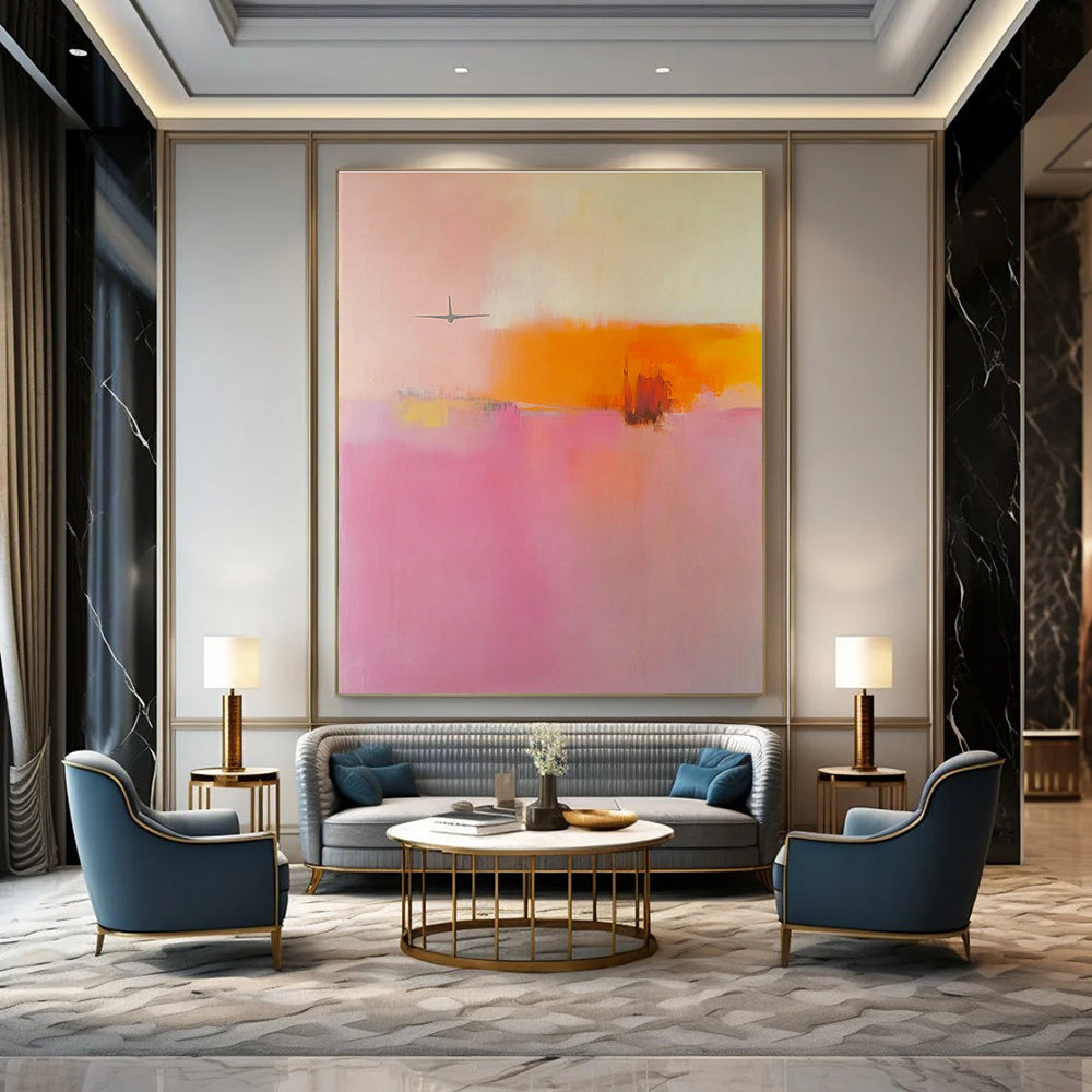 Large abstract painting in soft pink orange and yellow tones featuring blurred edges and an airplane shape in a minimalist style.STSC789
