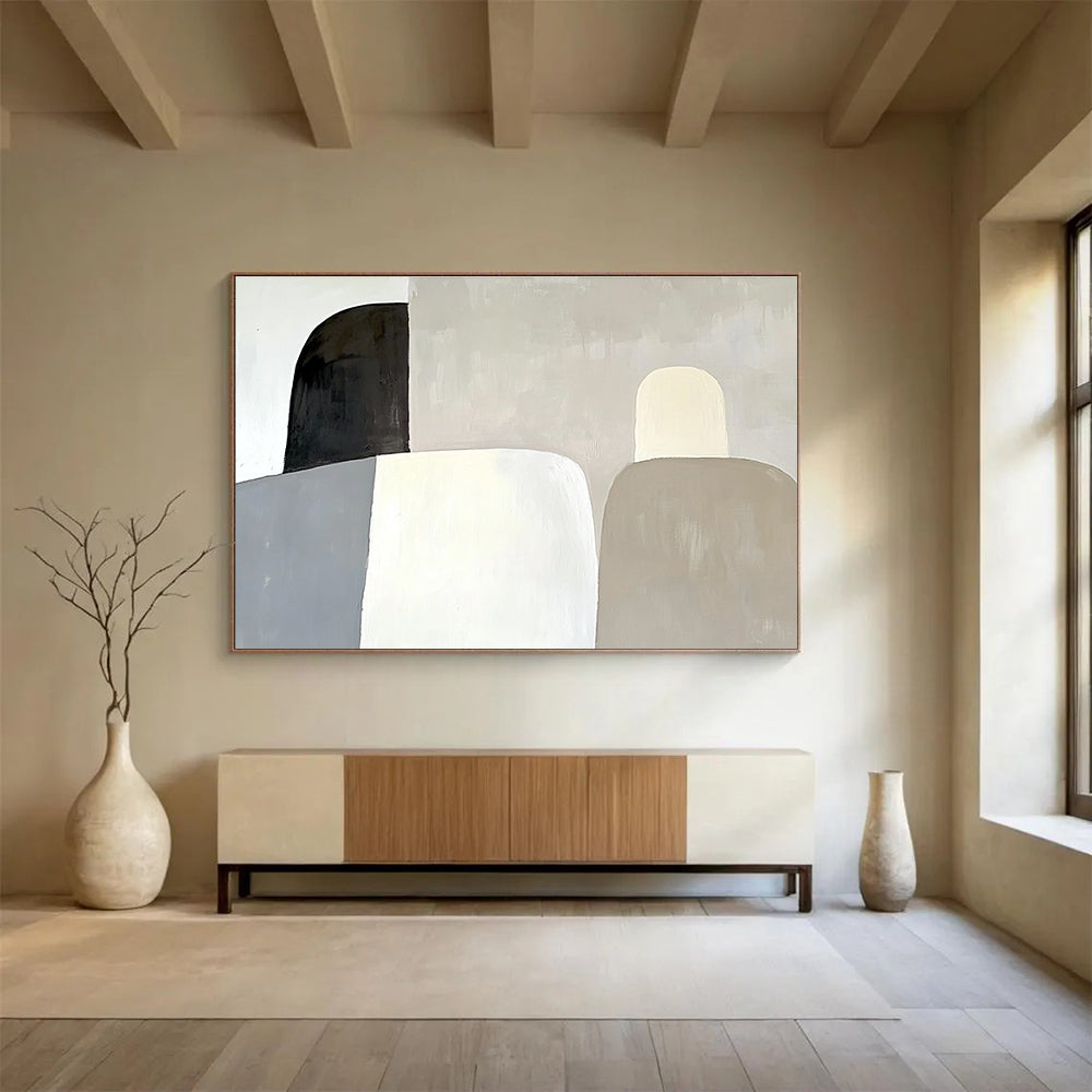 Large abstract painting featuring soft gray shapes against a white background with subtle forms and elegant modern aesthetic.SC589