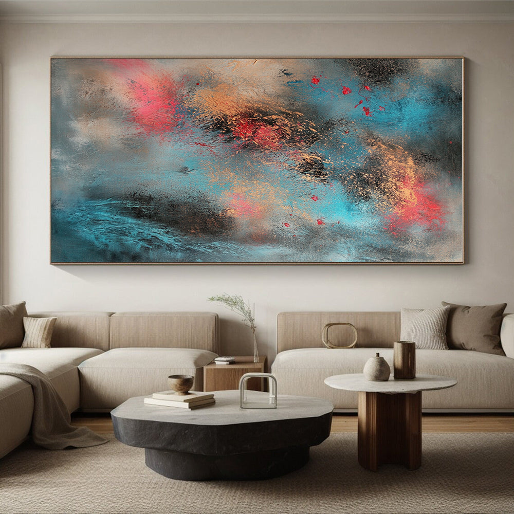 Blue Gold and Red Abstract Painting with Dynamic Splashes GER661