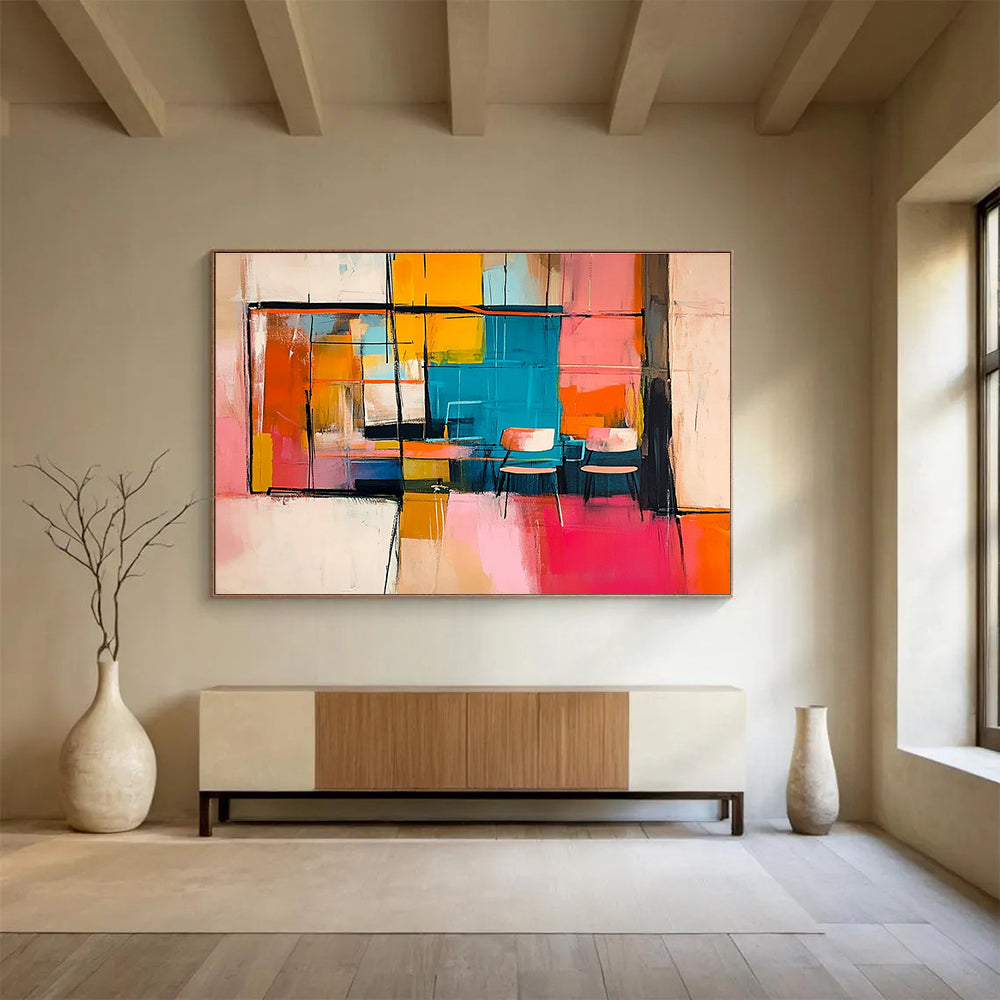 Large abstract painting featuring an interior with chairs and tables visible through a window in vibrant pink orange yellow and blue.SC336