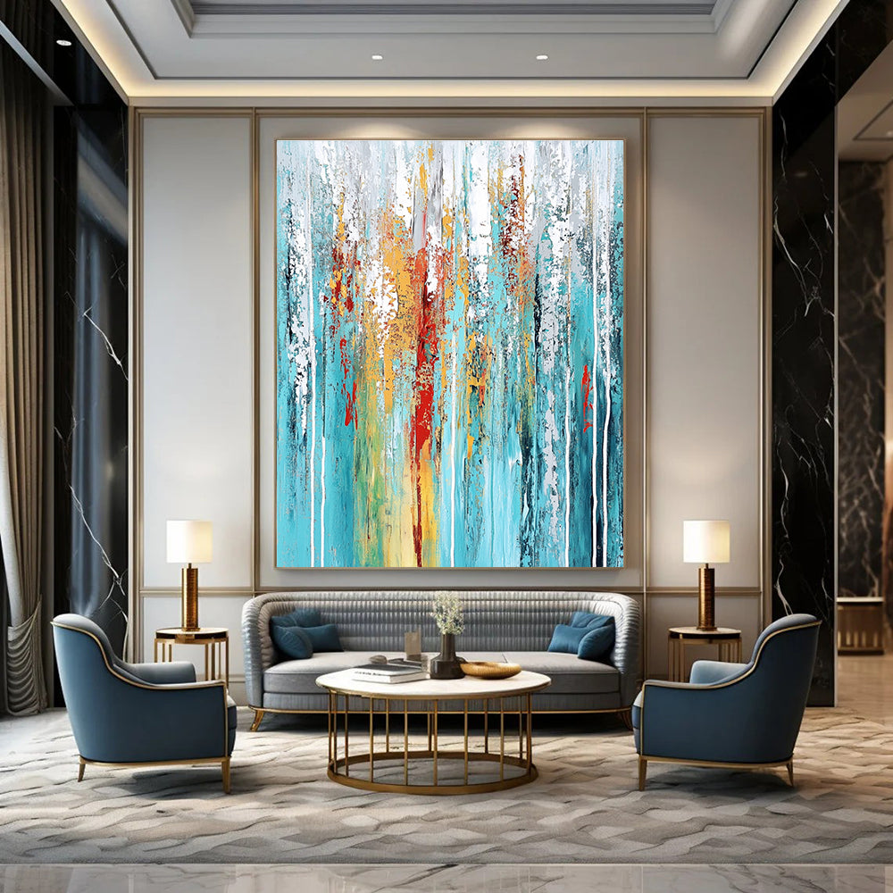 Large abstract painting featuring textured layers in teal aqua blue white gray red yellow green with dynamic streaks and vertical lines.STSC374