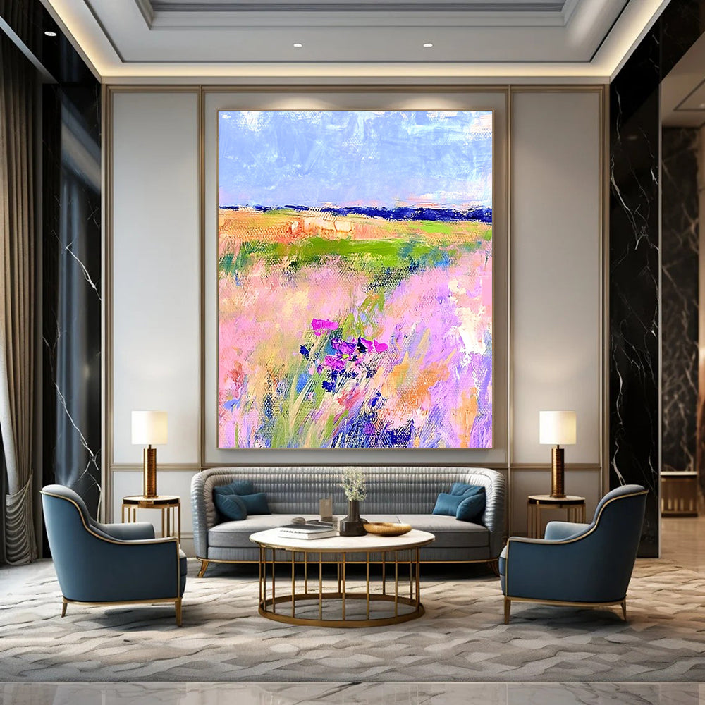 Large abstract painting in Matisse style with pastel hues vibrant colors and broad brushstrokes capturing the essence of springtime nature.STSC1018