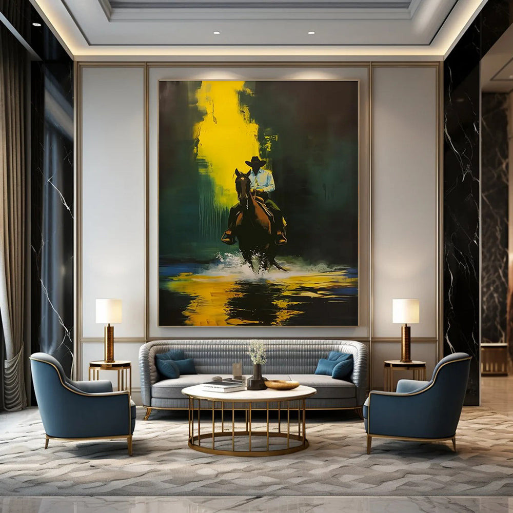 Cowboy on Horse in Yellow and Green Abstract Painting ADGE104