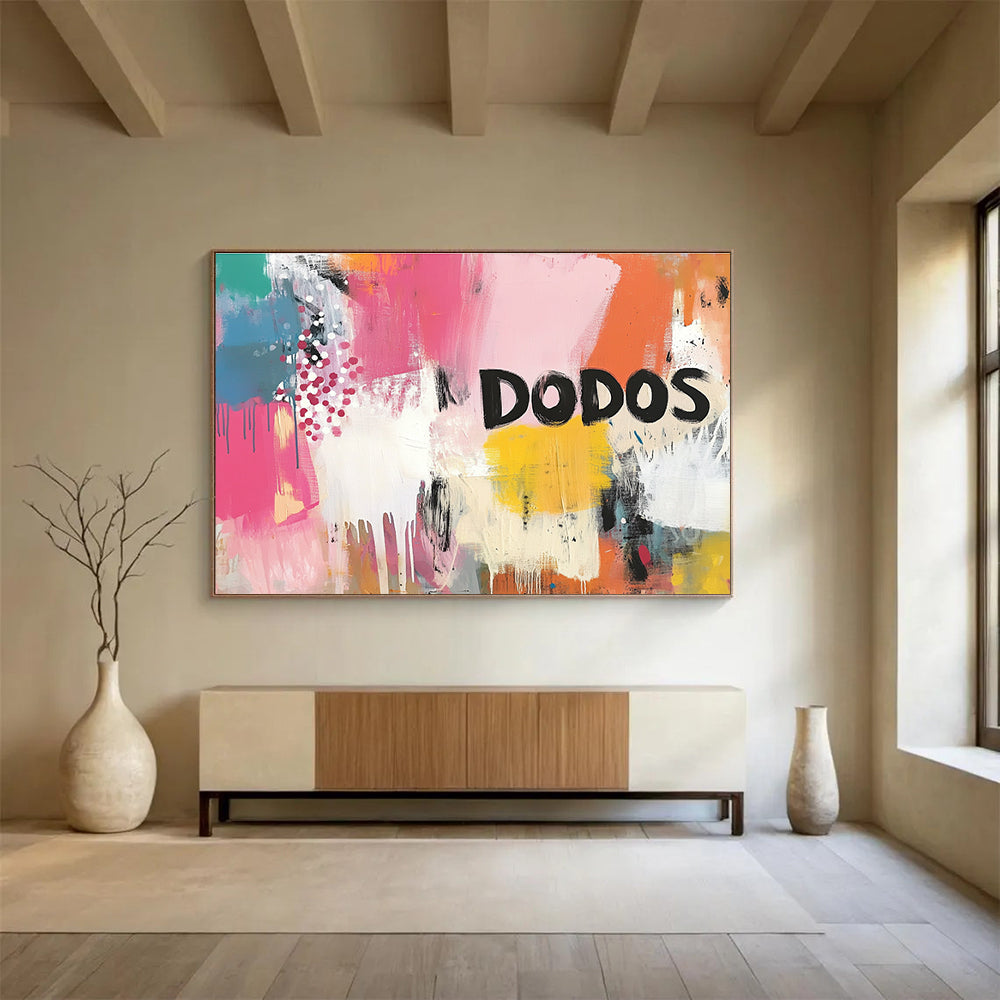 Vibrant abstract painting with bold brushstrokes and dynamic patterns in energetic colors featuring large DODOS lettering creating an urban ambiance.SC456